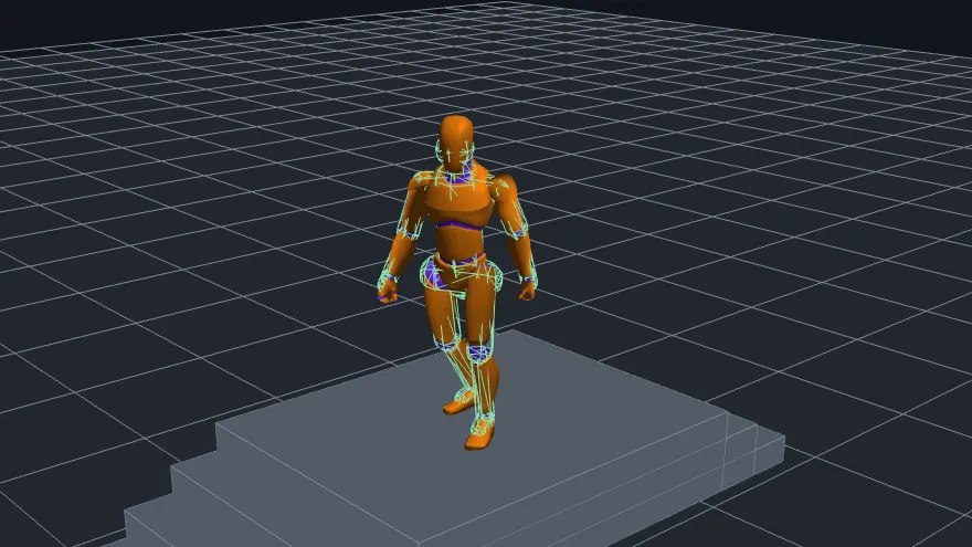An Animarch character on a flight of stairs, its foot and
                  hand contacts shown as capsules.